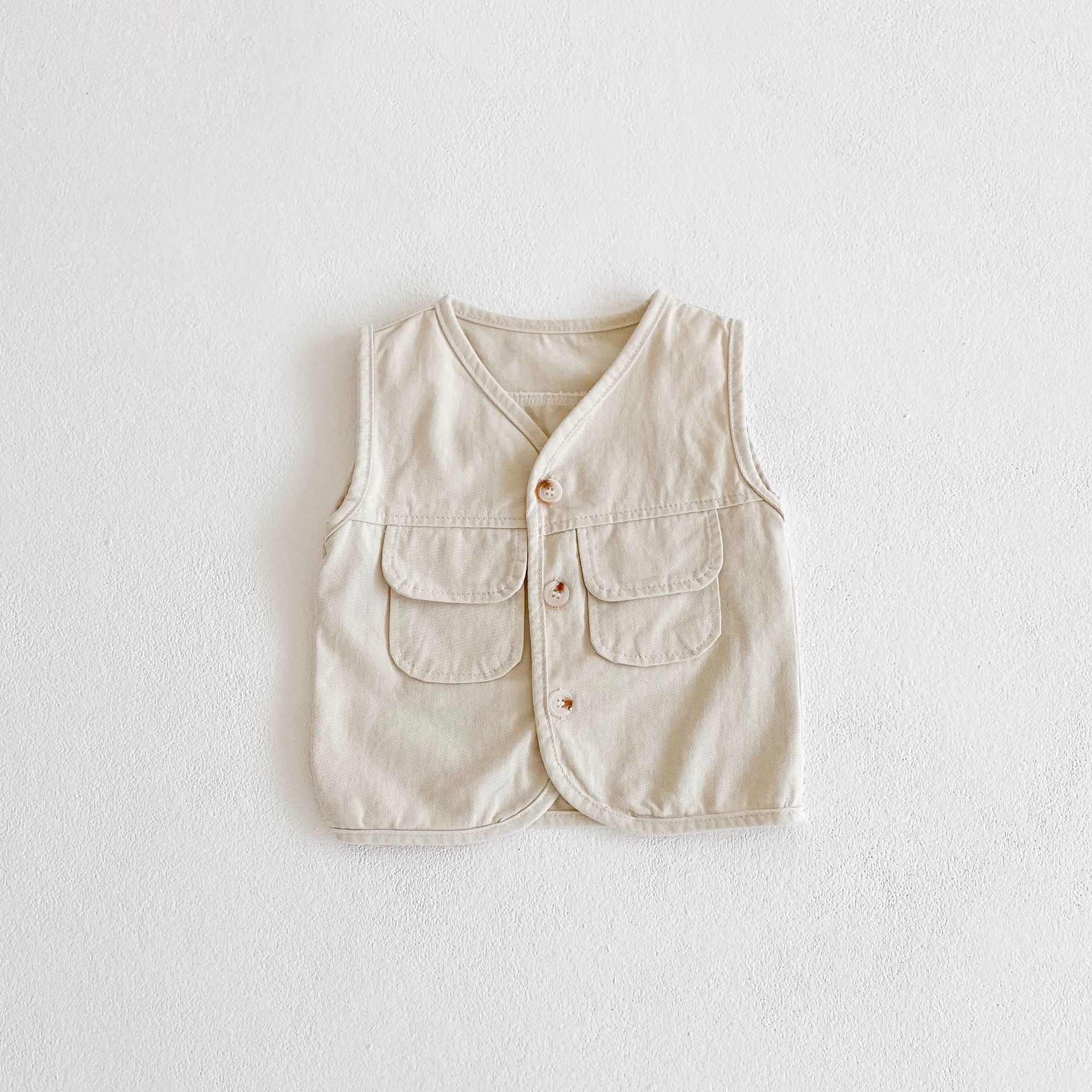 Herfst Baby Boy Denim Jas Mouwloos Vest Meisjes Denim Jas Met Dubbele Pocket Jongens Vest: apricot / 6M  66cm