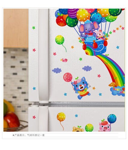 Grand Sticker Mural Animaux Montgolfière - Déco Chambre Enfant - Amovible - Coloré