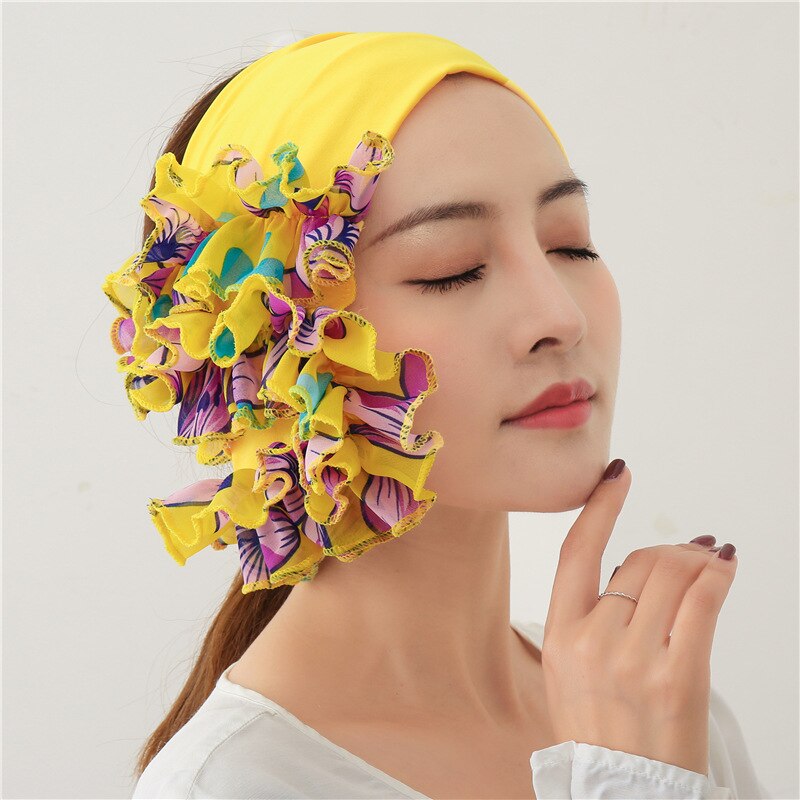 women Floral Neck Ring Scarf Chiffon Collar Tie Muslim Hijab Hat Indian Turban Lady Office Neckerchief Skinny Hair Scarves soild: LJ23-6 bright yellow