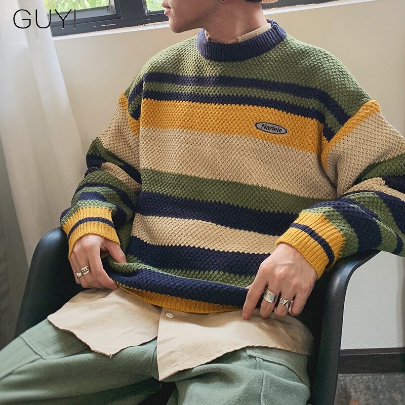 Guyi japanse stijl gestreepte los gebreide truien pullovers heren herfst winter retro casual mannelijke luie jongere trui vintage top
