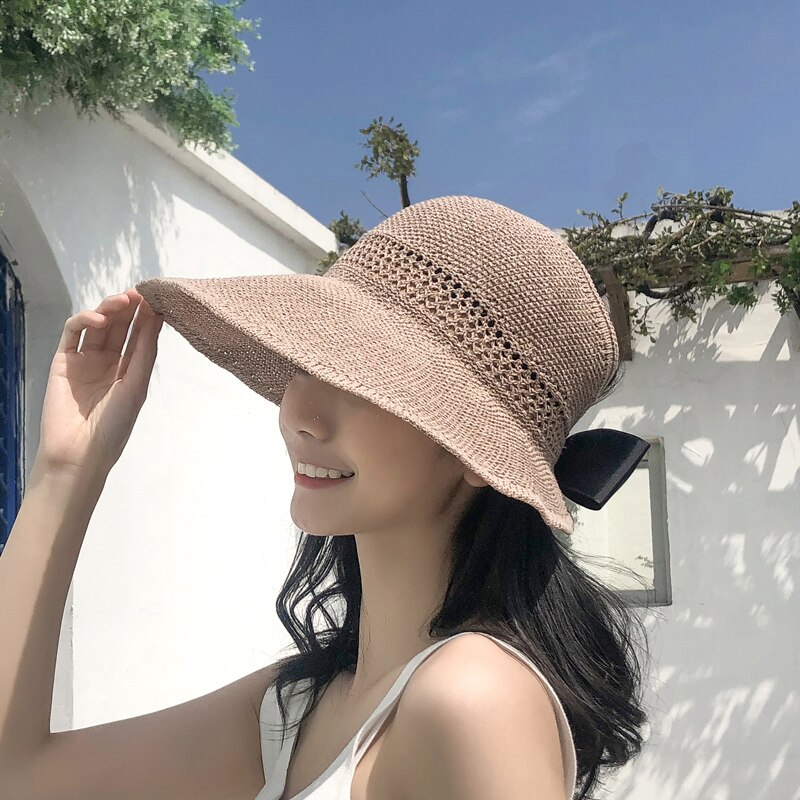Luna&delfin kvinnor sommar solhatt strand hopfällbar hatt svart rosett khaki solskyddsmedel temperament platt stor brätte halmhattar utomhus