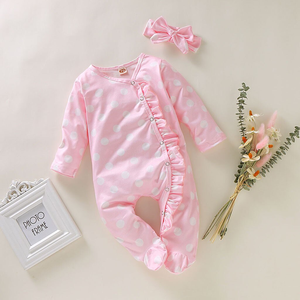 Lange Mouwen Baby Meisje Romper Baby Meisje Jongen Bloemen Gedrukt Betaalde Sleeper Gevouwen Rand Romper Hoofdband Kleding Outfits Set