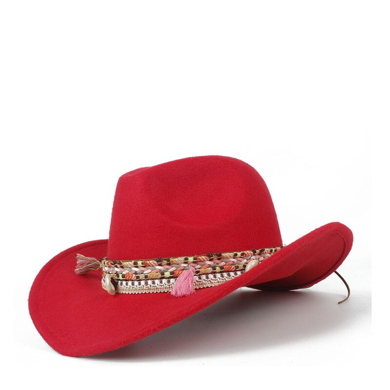 Kvinder uld hule vestlige cowboy hat dame jazz outback jazz toca sombrero cap størrelse 56-58cm: Rød