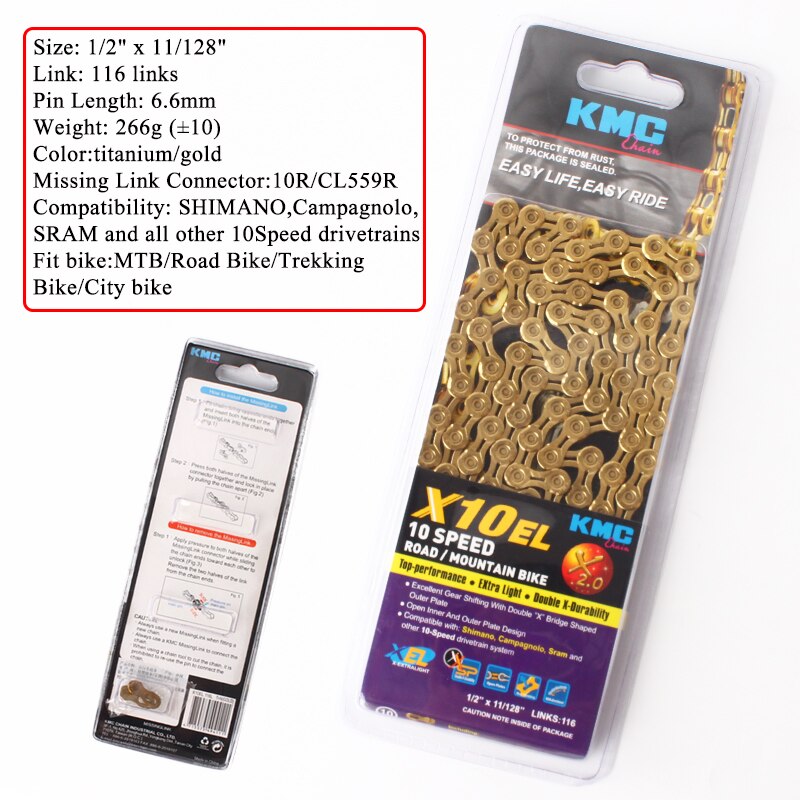 KMC Bike Chain 10 Speed Chains Double "X" Half 116 Links Cycling Single Speed Chain Fits Shimano SRAM Casstte: X10EL
