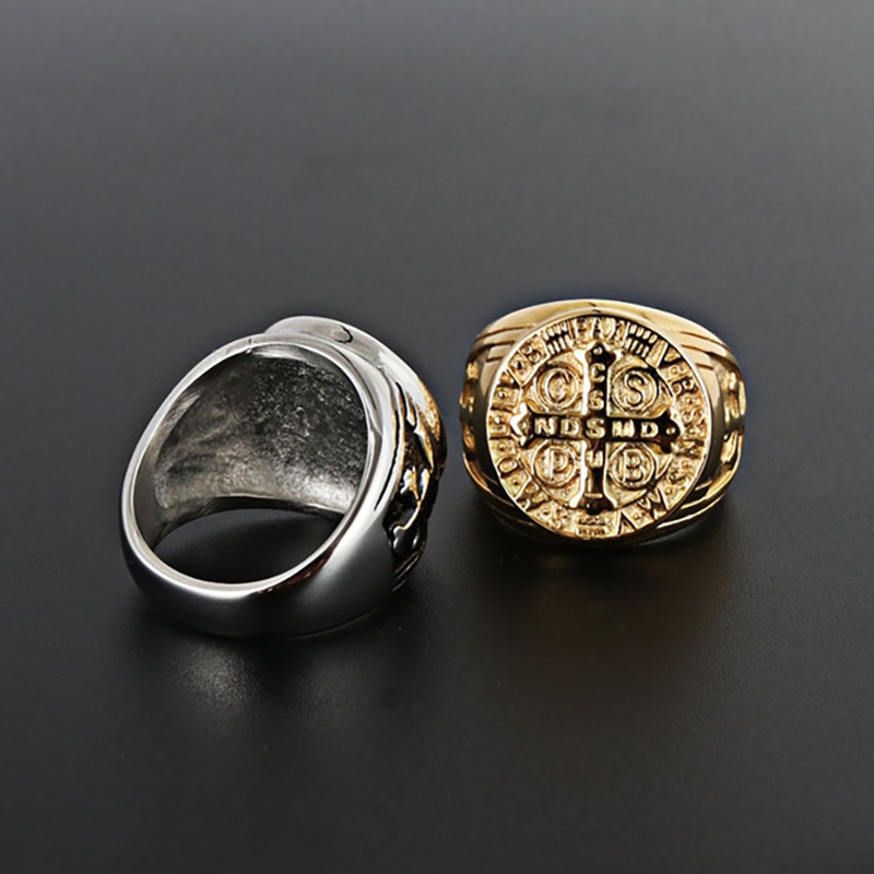 Stainless Steel Catholic Patron Saint St Benedict of Nursia Holy Medal Cross Ring Mens Punk Jewelry VRSNSMV SMQLIVB NDSMD CSSML
