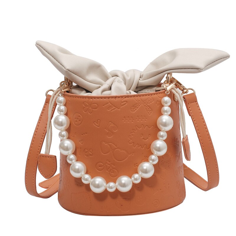 THREEPEAS PU Leather Shoulder Bucket Bag Women Girls Purses and Handbags Pearl Female Shoppers: Orange