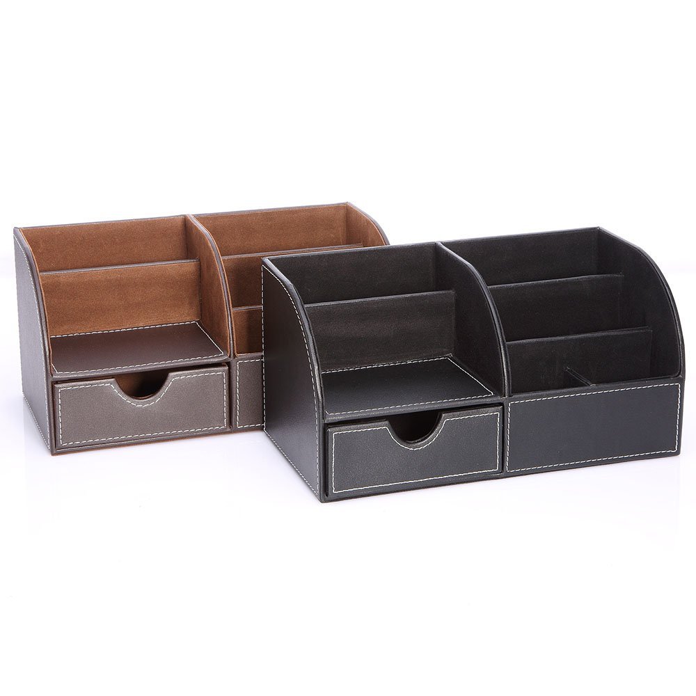 7 compartimentos de almacenamiento, soporte de escritorio de cuero PU, colección de organizador de Escritorio de oficina, soporte de lápiz para tarjetas de negocios