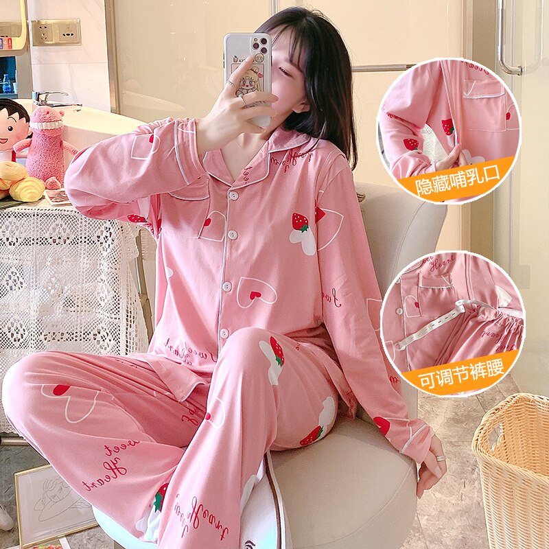 Thin Cotton Maternity Nursing Sleepwear Spring Summer Sweet Breastfeeding Pajamas Sets Pregnancy Sleep Lounge Home Wear