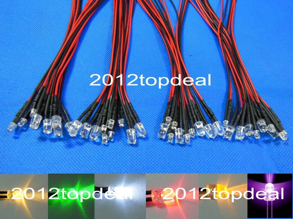 50pcs 3mm/5mm Red/Green/Blue/RGB 3V 5V 12V DC Round Pre-Wired Water Clear LED