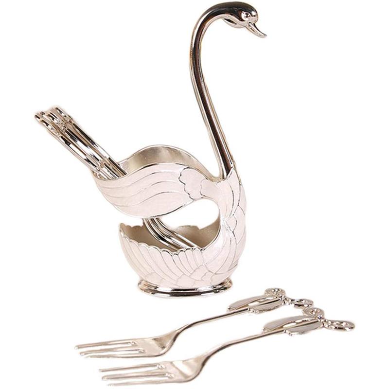 Elegante Zwaan Base Houder Lepels Set Koffie Fruit Dessert Bestek Servies Voor Thuis Decoratie 6 Lepels + 1 Zwaan: Silver