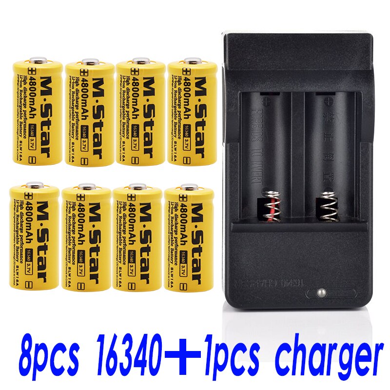4800Mah Oplaadbare 3.7V Li-Ion 16340 Batterijen CR123A Batterij Voor Led Zaklamp Lader, reizen Voor 16340 CR123A Batterij: 8pcsandcharger