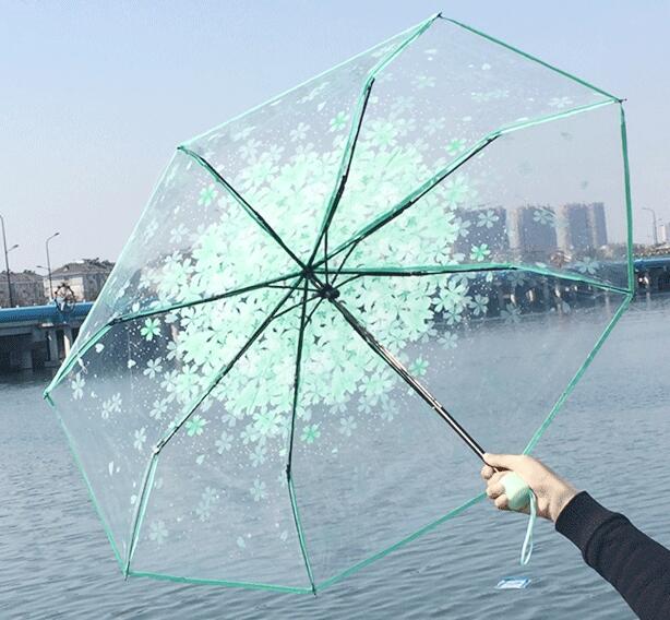 Halvautomatisk til vind kraftig regn kvinder parasol romantisk gennemsigtig klar blomster boble kuppel paraply: Grøn