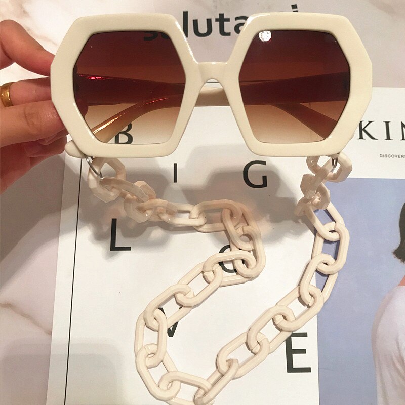 Unikt solbrille kædesæt til kvinder luksusmærke polygon firkantede solbriller kvindelige vintage punk briller beige mænd nuancer