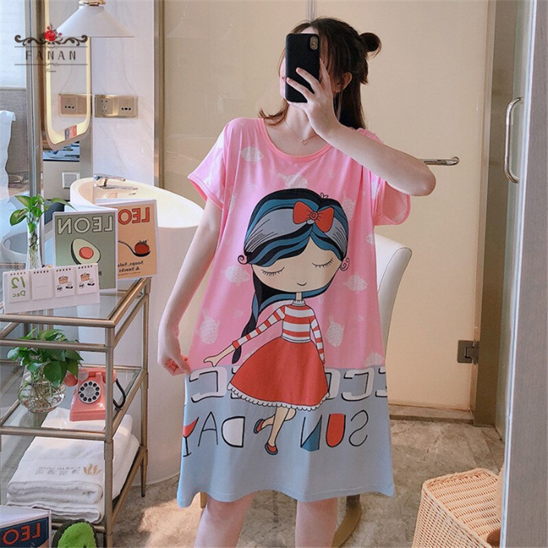 Women Nightdress Cartoon Female Loose Short Sleeve Sleepdress for Ladies Plus Size Summer Casual O-neck Homewear