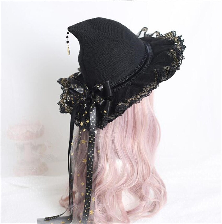Chapeau De Sorcière Halloween - Taille Universelle, Pointu, Décoration Maille Et Fleurs