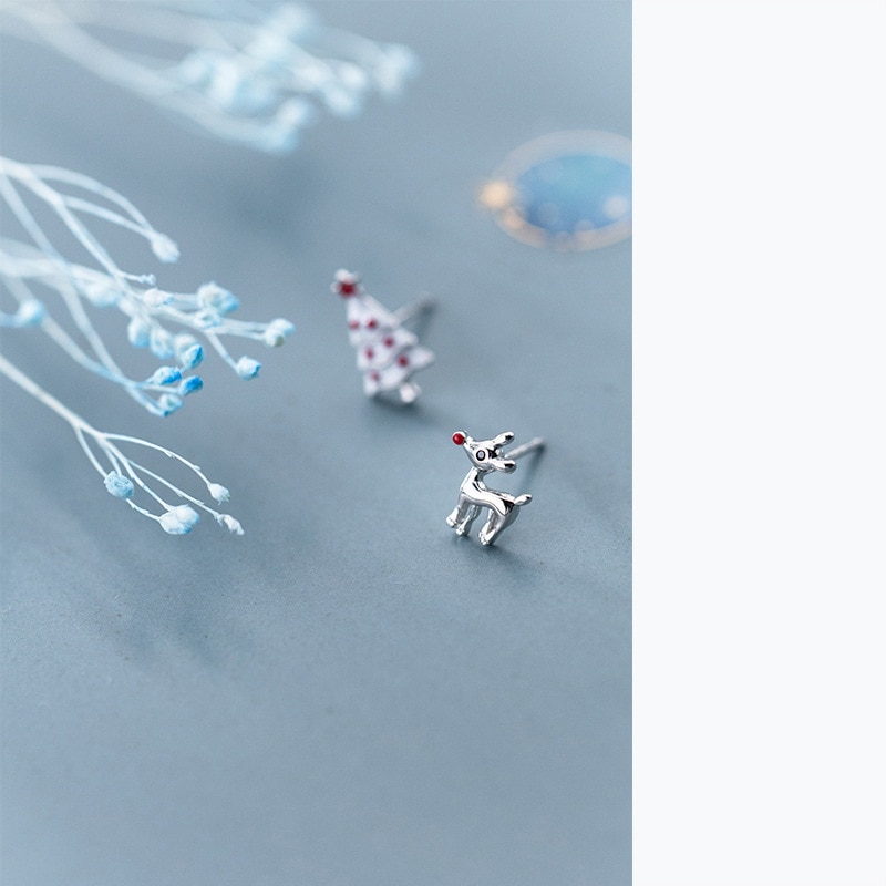 MloveAcc 925 Sterling Silver Stud Earrings Deer Christmas Tree Asymmetrical Earrings for Women Girl Christmas Jewelry