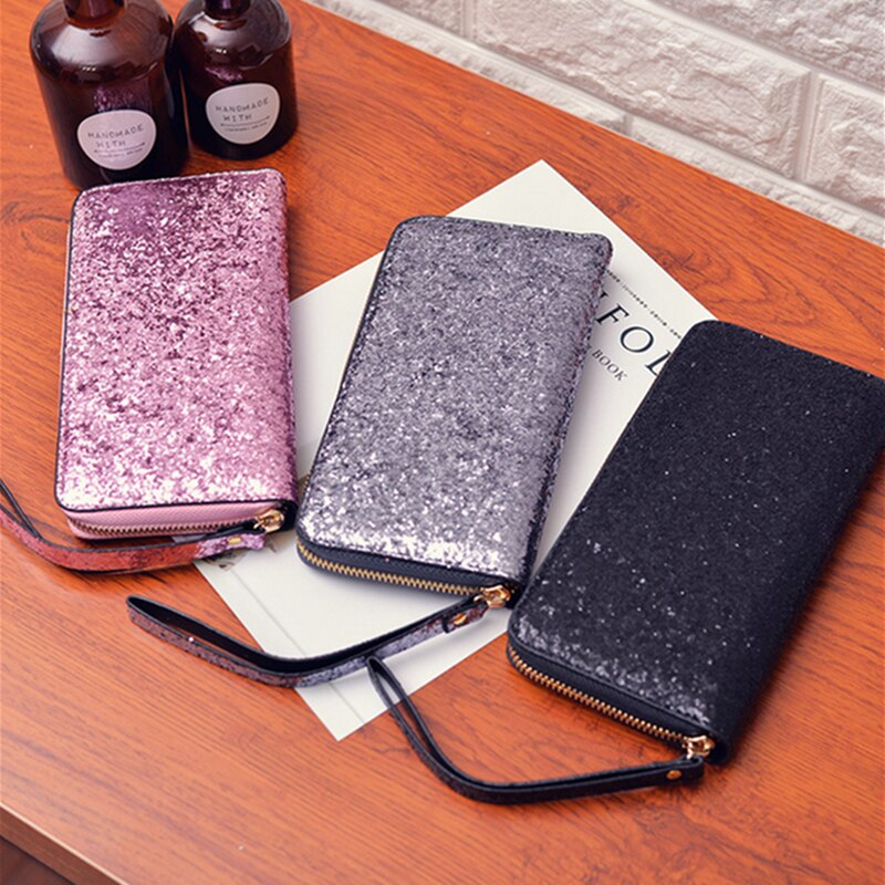 Moda legal lantejoulas carteira feminina carteira de mão longa brilhante bolsa de couro bolsa de armazenamento de cartão de crédito zíper glitter festa saco de armazenamento