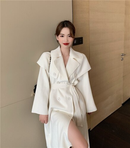 Chic Vintage blanc revers Double boutonnage Trench femmes à lacets longues taille manteau de laine automne hiver tempérament en vrac: white with belt