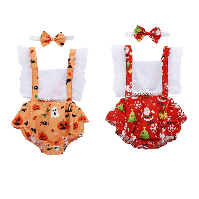 FOCUSNORM Halloween Weihnachten Baby Mädchen Jungen Strampler Karikatur drucken Spitze Rüschen Kurzarm Overall Stirnband