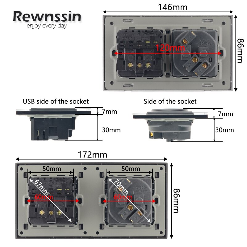 Wall Power EU Standard Socket Triple Singel Double Triple Quadruple Electricity Outlet Black 2.1A USB Plug Plastic Panel
