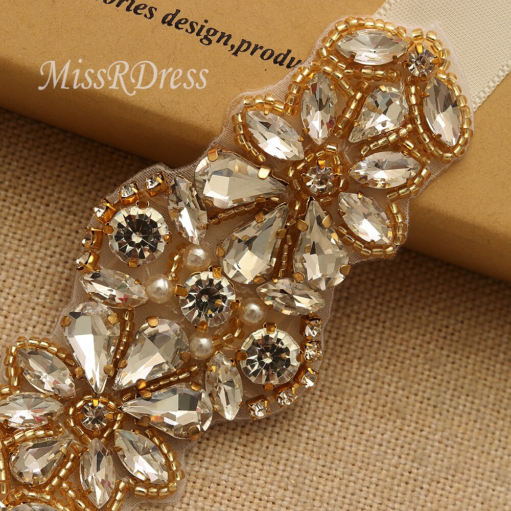 MissRDress Handgemachte Perlen Hochzeit Gürtel Gold Kristall Braut Gürtel Strass Perlen Braut Schärpe Für Hochzeit Acessories JK885