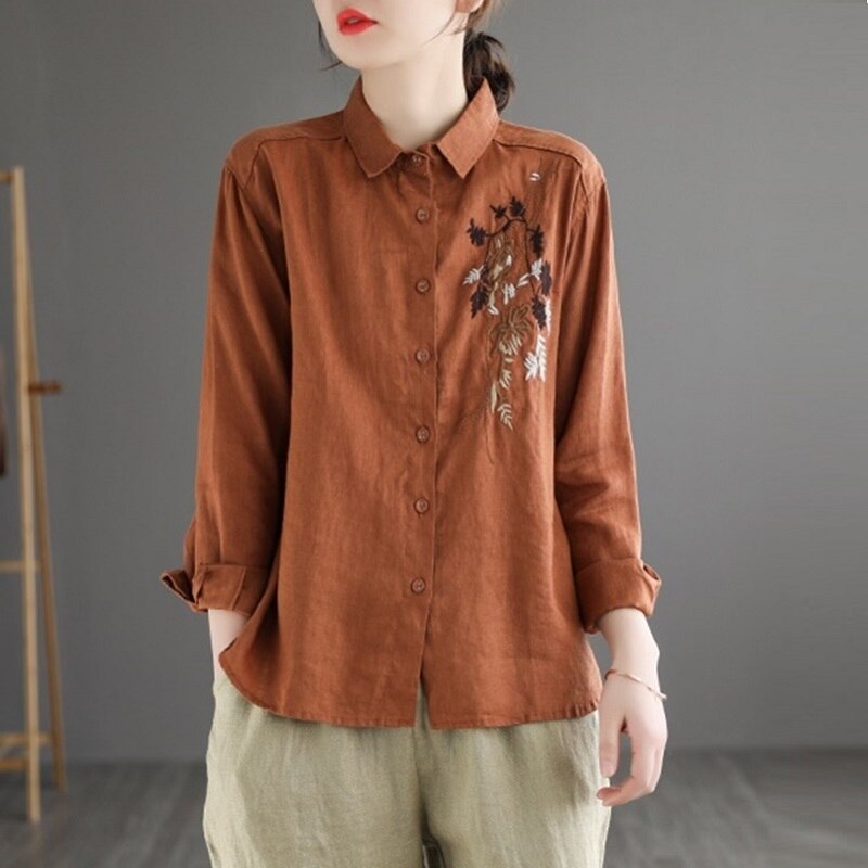 Ropa de estilo chino para mujer, blusa con bordado Floral, camisa de manga larga Lisa Vintage para mujer, Blusas de algodón, Túnica KK4413