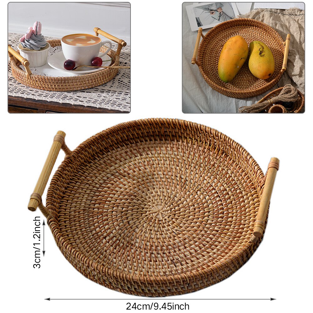 Rotin tissé à la main en osier panier rond haute paroi plateau de séparation des plateaux de stockage des aliments plaque sur les poignées pour le petit déjeuner boisson Snack