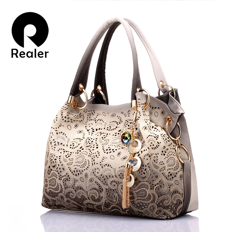 REALER Bolsos De Mujer ahuecados ombre estampado floral bolsos de hombro tipo bandolera bolsos de cuero de pu de las señoras bolso de mensajero de femenina