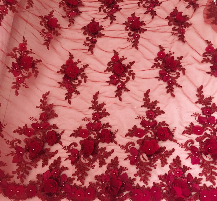 9 färg guld lila svart vit röd bröllopsklänning spets tyg 3d chiffong blommor nagelpärla spets tyg  rs35: B vinröd