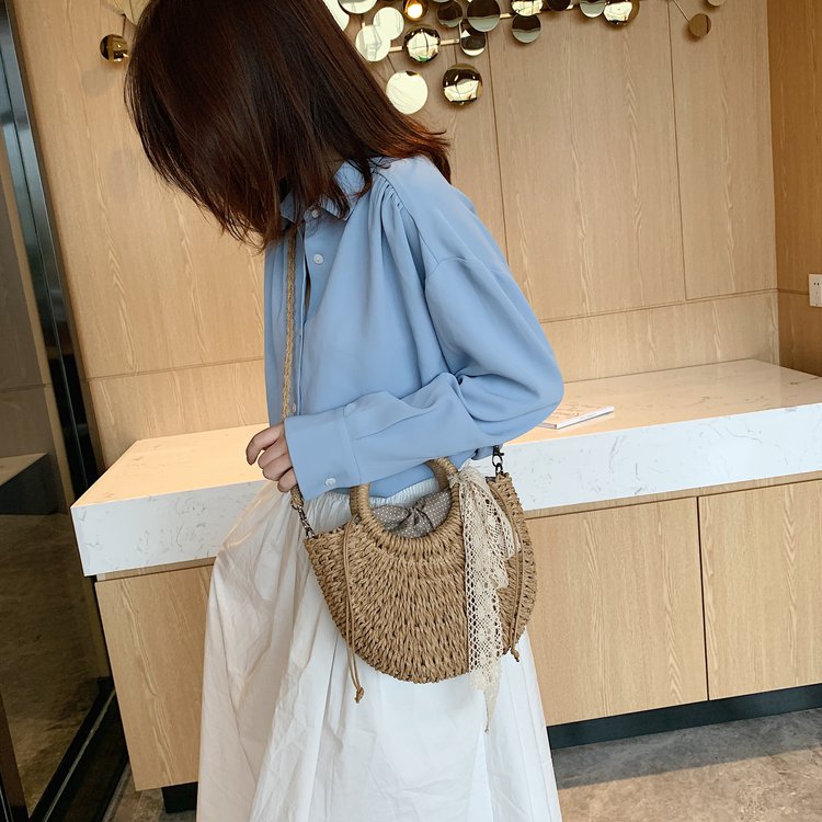 Ins bolsas feitas à mão meio redonda femininas, bolsa de palha de tecido, feita a mão para mulheres, cordão para o verão 2020