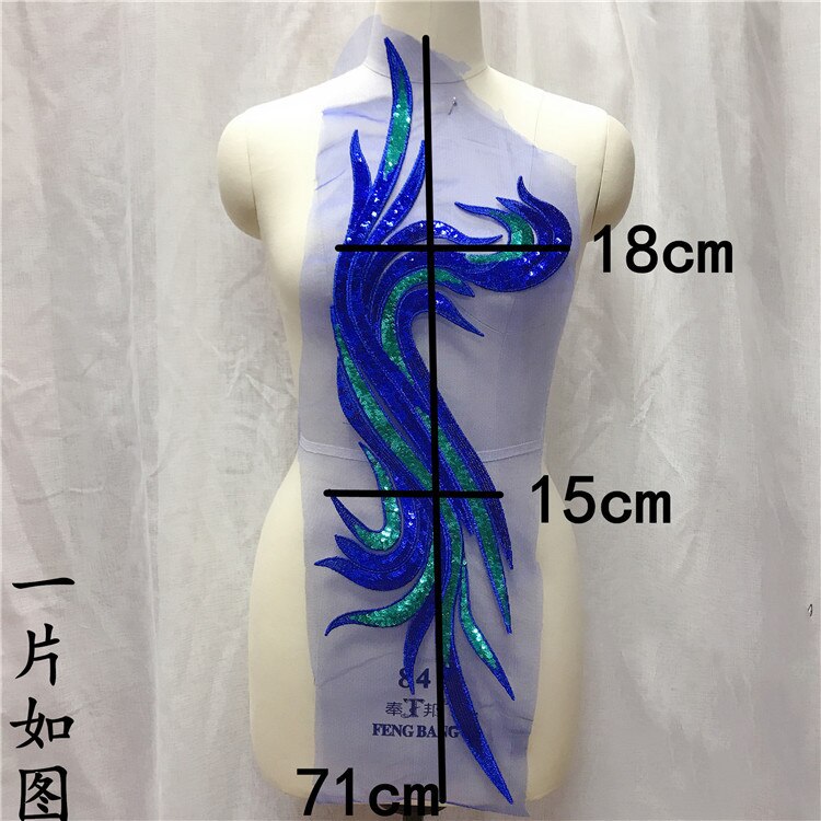 1 stuk 15cm* 71cm saffierblauwe tweekleurige paillettenbloem avondjurk decoratie decoratie ultra-lang geborduurd: Blauw