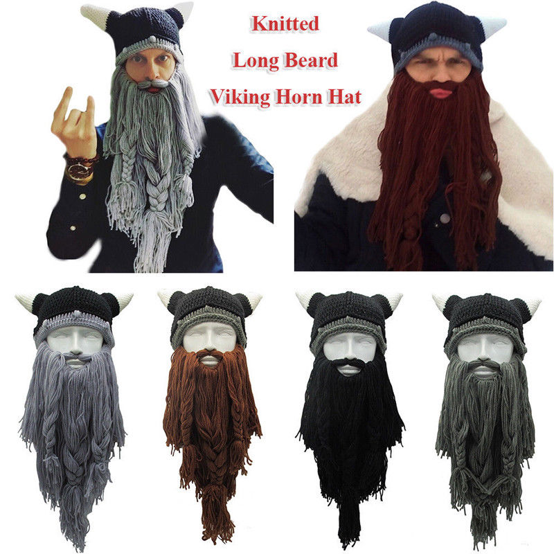 Christmas Knit Viking Beard Horn Hat Crazy Ski Cap Barbarian Vagabond Beanie