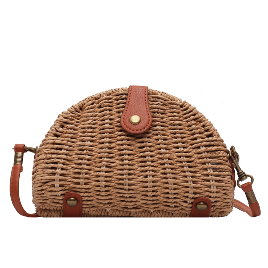 Mini bolsa de paja de verano para mujer, Semicírculo bolso de hombro tejido a mano, informal, cruzado de ratán para playa,