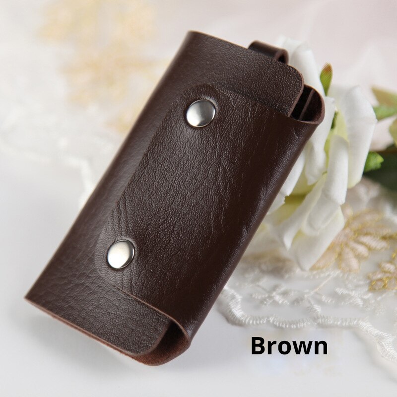 Leather Key Holder Candy Color Vertical Square Key Bag Mini Door Car Key Wallet Car Key Holder Keychain Pouch Ring Cover Holder: Brown