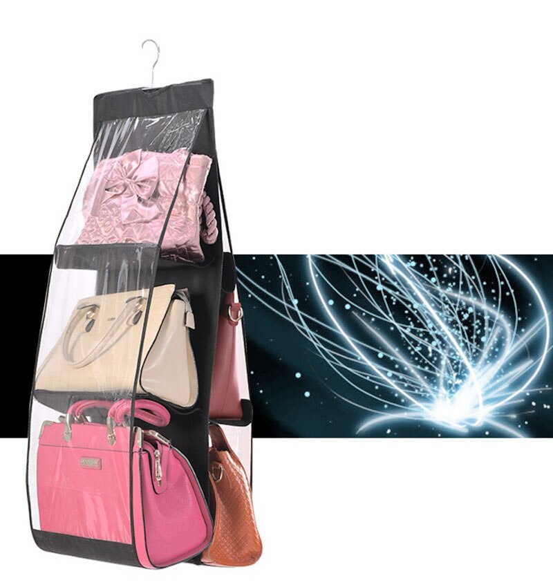 Transparent Storage Bag for Handbag 6 Pocket Hanging Bag Organizer Door Wall Sundries Pouch Wardrobe Closet Shoes Organizer Dorm: black