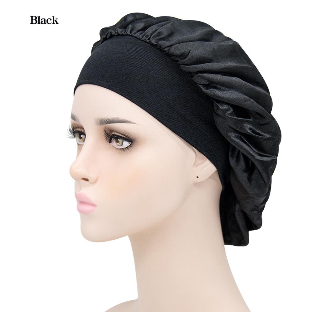 Gorro de descanso de ala ancha de satén para mujer, gorro de dormir para el cuidado del cabello, gorro de noche, Unisex, gorro de ducha, envoltura de cabeza de seda: black