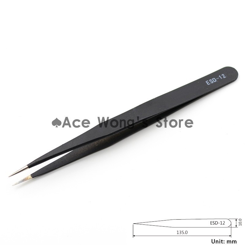 1pcs Precision ESD-12 Tweezers, stainless steel anti-static tweezers Repair Tool Soldering Station Welding Assist