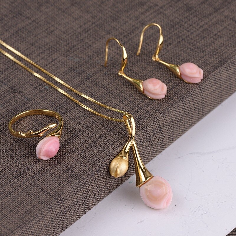 925 Sterling Zilver Roze Shell Magnolia Bloem Ring Oorbellen Ketting Sieraden Sets Vrouwen Originele Handgemaakte Craft Trendy
