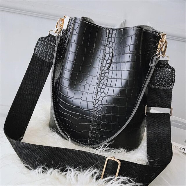 Yogodlns – sac à bandoulière motif Crocodile pour femmes, sacs en cuir Pu, sacs seau grande taille rétro Large sangle: Black