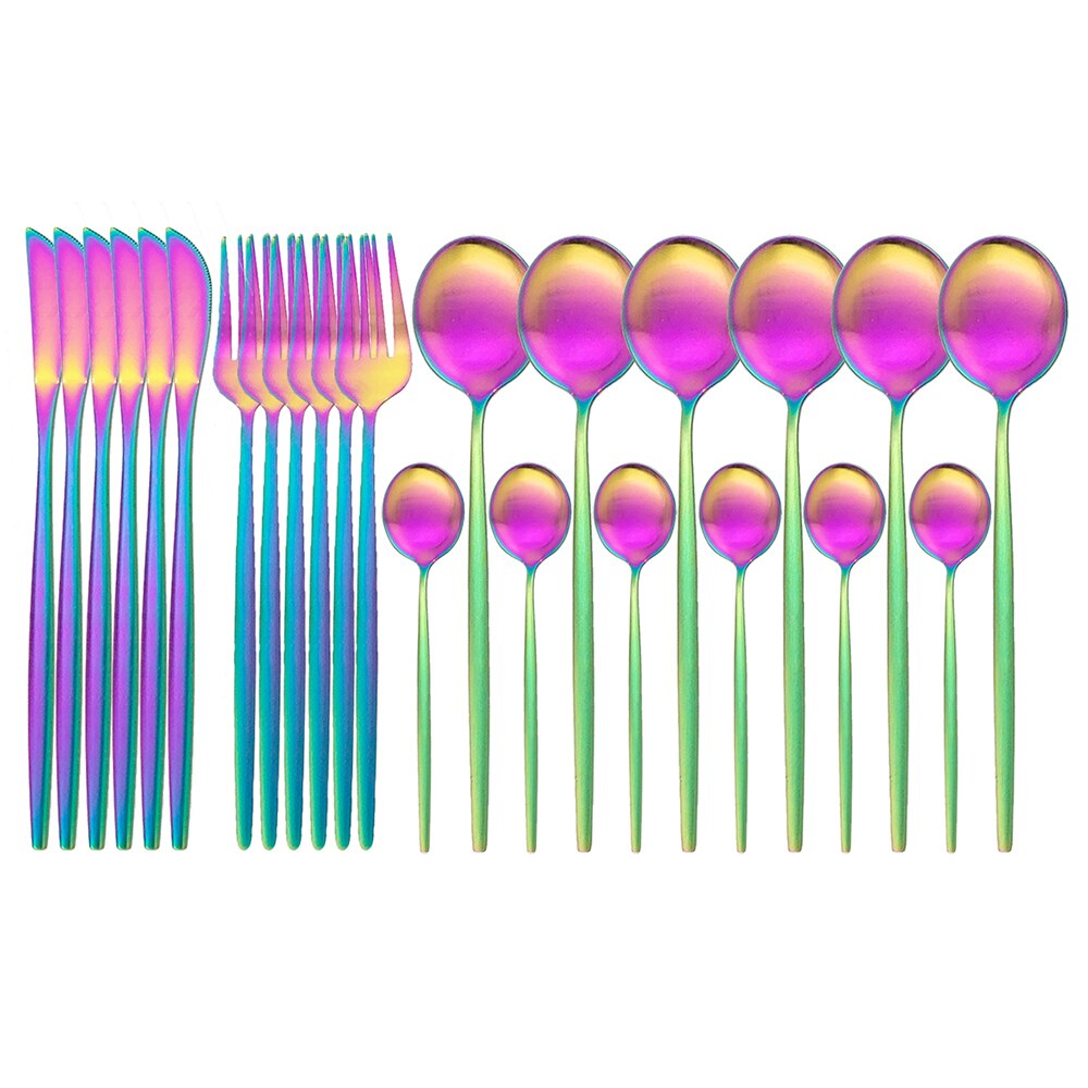 24pcs/48pc Rainbow Dinnerware Set 304 Stainless Steel Cutlery Set Fork Knife Spoon Flatware Set Kitchen Tableware Silverware Set