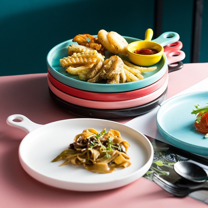 Ceramic Handle Baking Pan Pizza Baking Plate Western Steak Tray Dessert Tray Microwave Oven Flat Plate Kitchen Decor Dinnerware