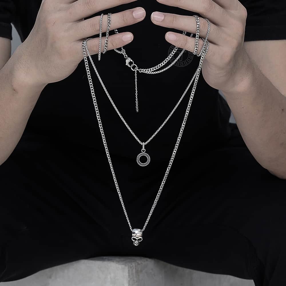 Double layer Circle Skull Pendant Charm Choker Necklace Men Women Vintage Punk Curb Cuban Link Chain jewelry TNS015