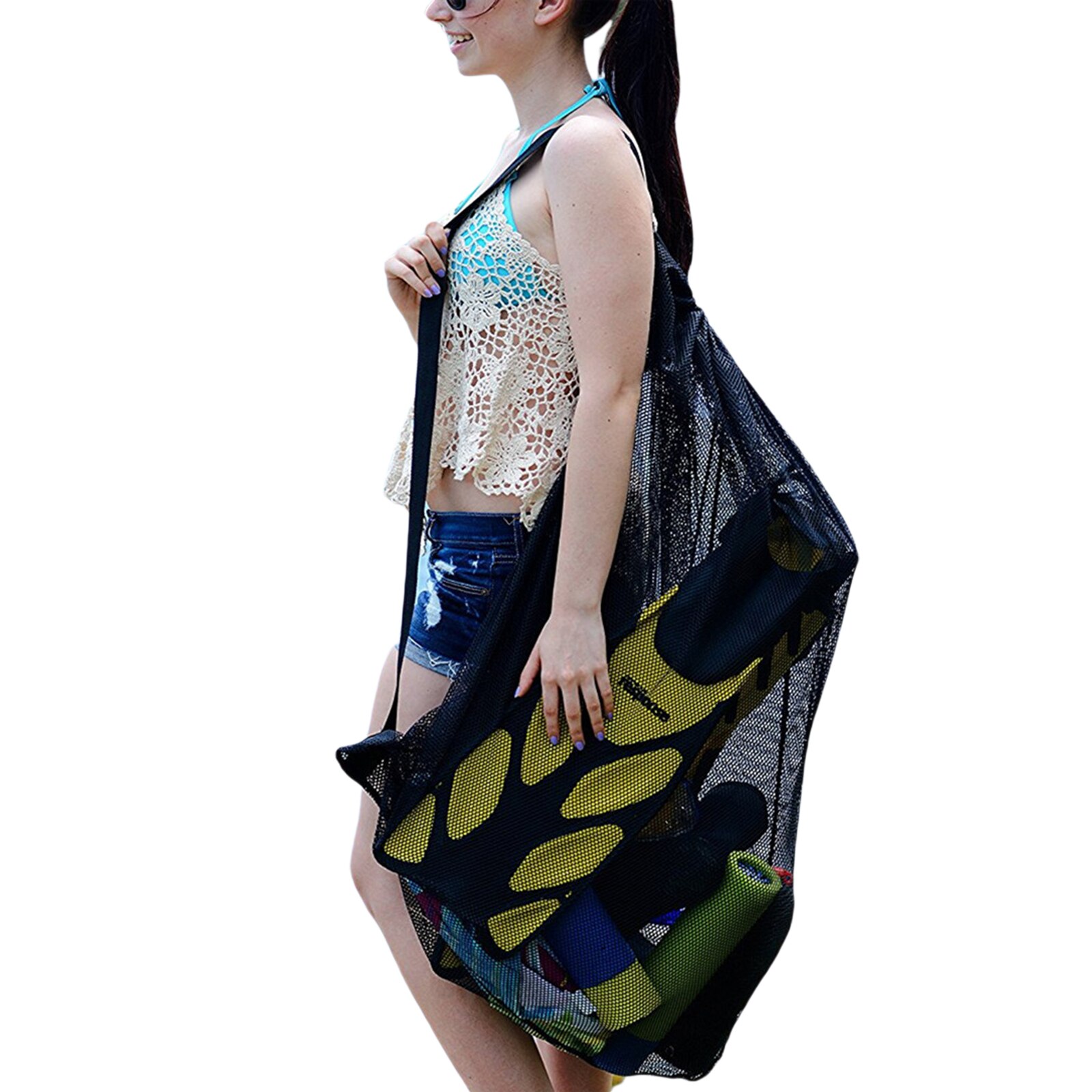 Mesh Drawstring Bag, Solid Color Large Capacity Shoulder Bag Storage Bag for Basketball Football, Black