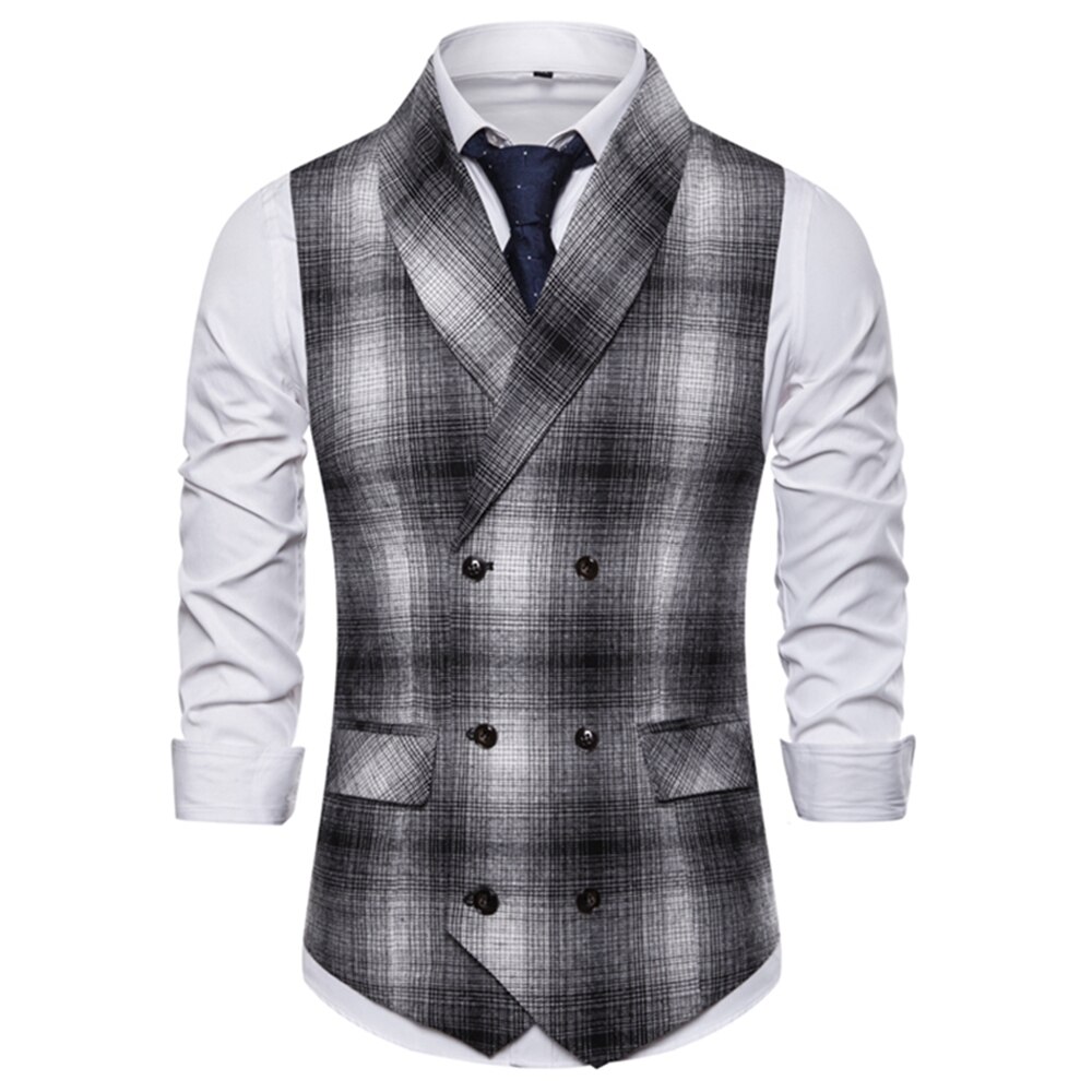 Vest Spring and Autumn Men's Checkered Green Fruit Collar Double Breasted Slim Business Casual Suit Waistcoat: black / XL