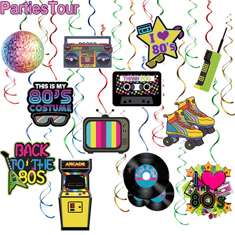 36pcs Back to the 80s Party Hanging Swirls Decorations 80s Retro Ceiling Streamers for 1980s Throwback Birthday Party Supplies