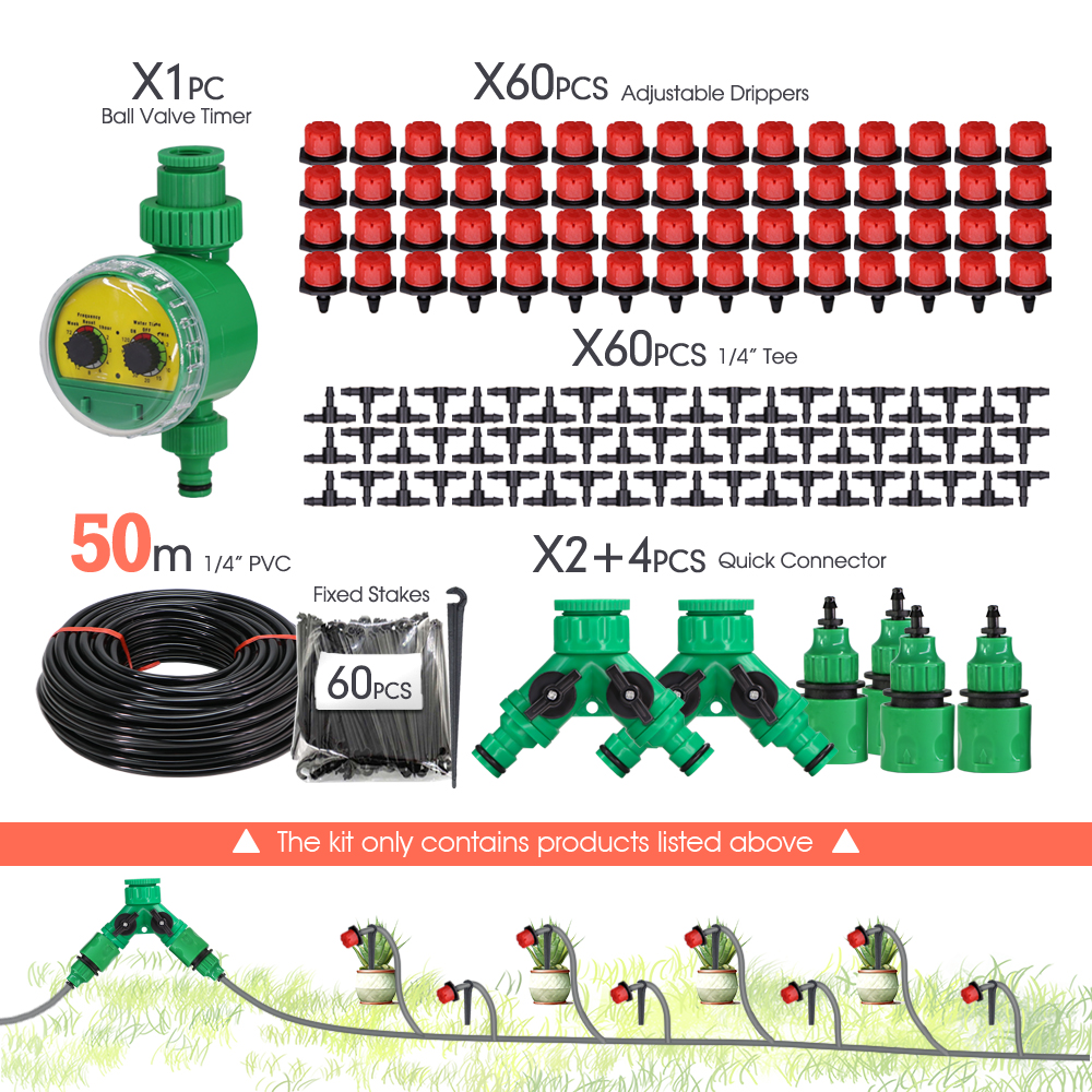 10-50M Tuinirrigatiesysteem 1/4 '' Automatische druppelbewatering Messing Vernevelingsspray 2-IN-1 Huis voor Balcory Yard Kasboerderij