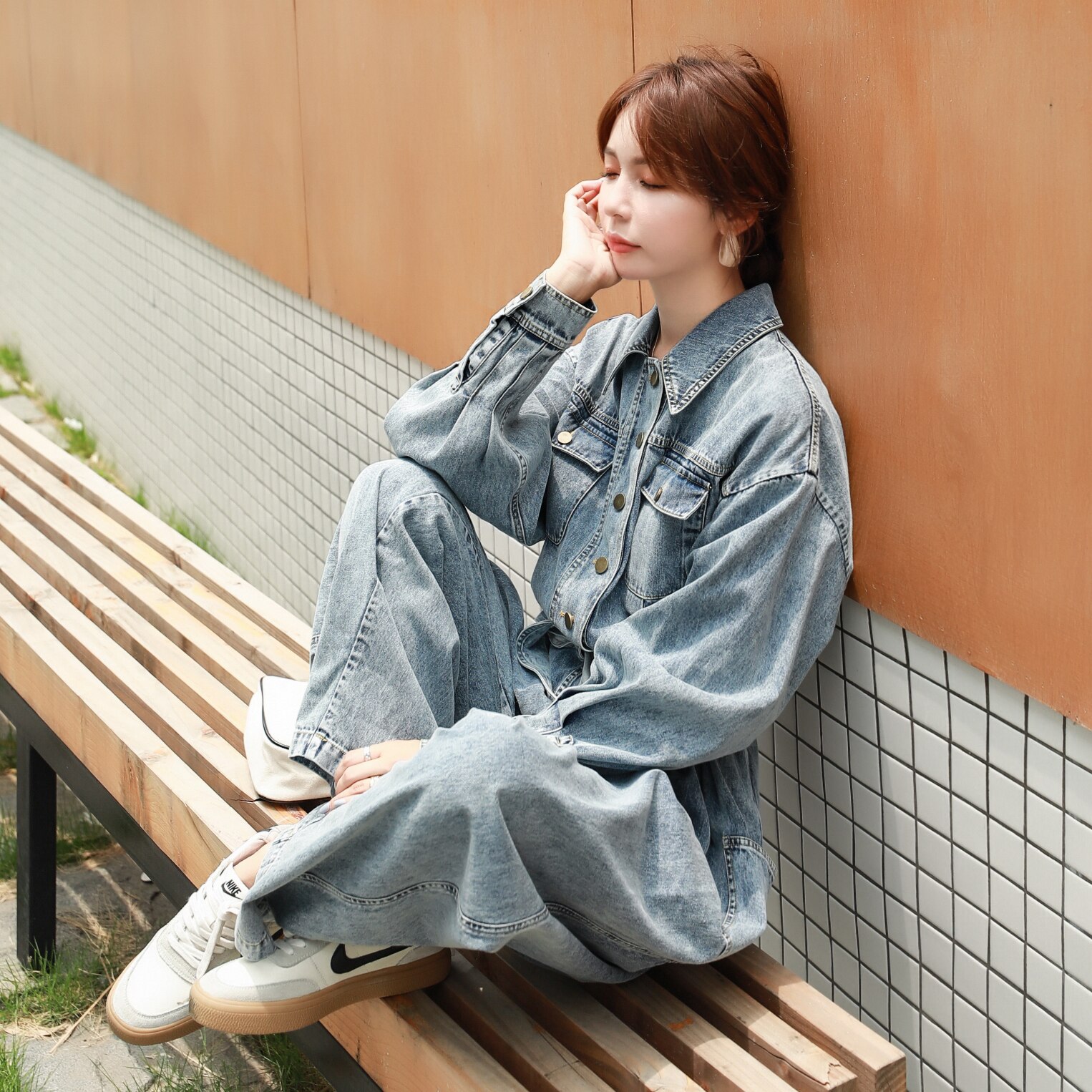 Kvinder lange ærmer brede ben jeans bandage denim jumpsuit kvindelige streetwear hip hop løs afslappet harem one piece bukser overalls