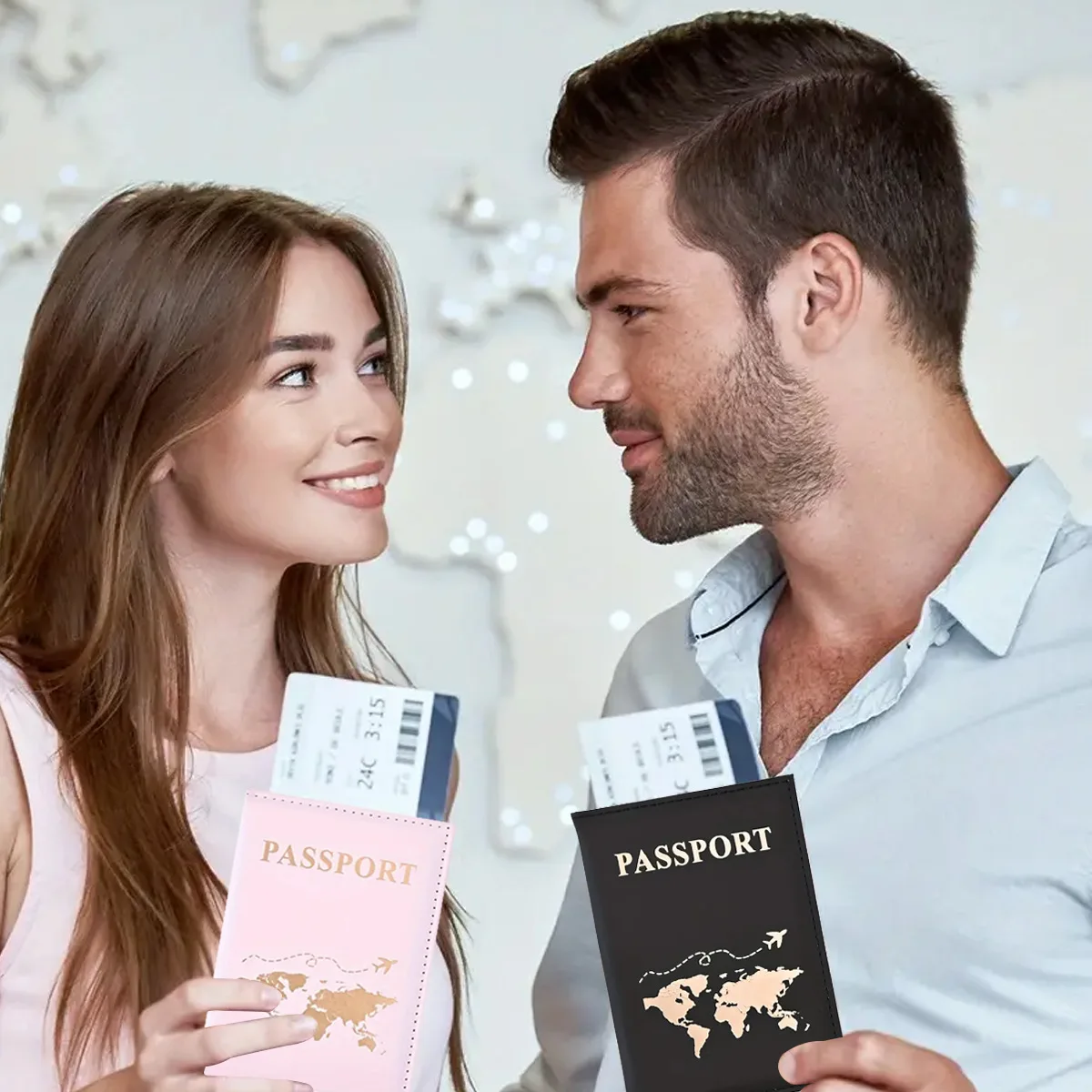 Funda dorada para pasaporte de viaje para hombre y mujer, funda de cuero PU con mapa de billetes, fundas para pasaporte, accesorios protectores para pasaporte