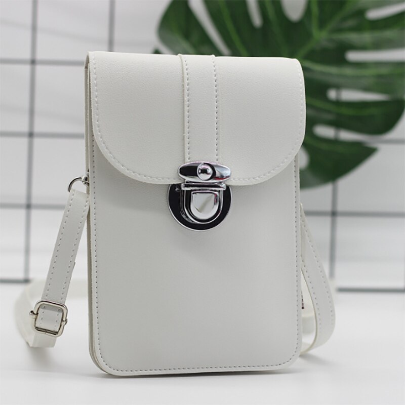 Zomer Vrouwen Outdoor Pu Leather Pocket Portemonnee Crossbody Schoudertas Mode Lock Decoratieve Mobiele Telefoon Touch Screen: WHITE