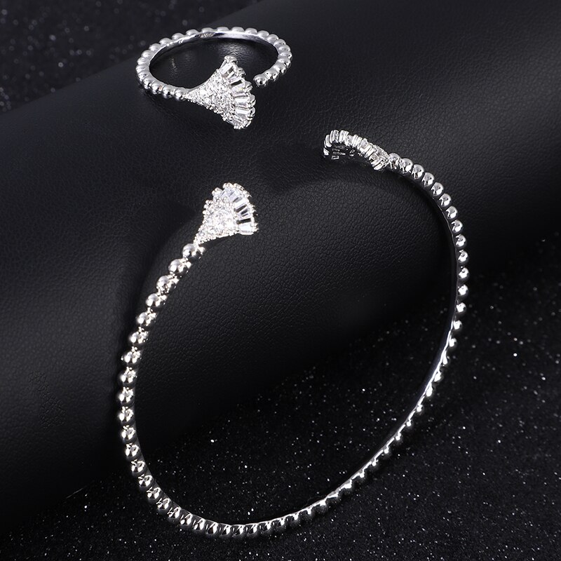 3 Sets/pakket Luxe Fan Vorm Saudi Arabië Bangle Ring Set Voor Vrouwen Micro Cubic Zirkoon Pave Party Bruiloft Dubai Sieraden